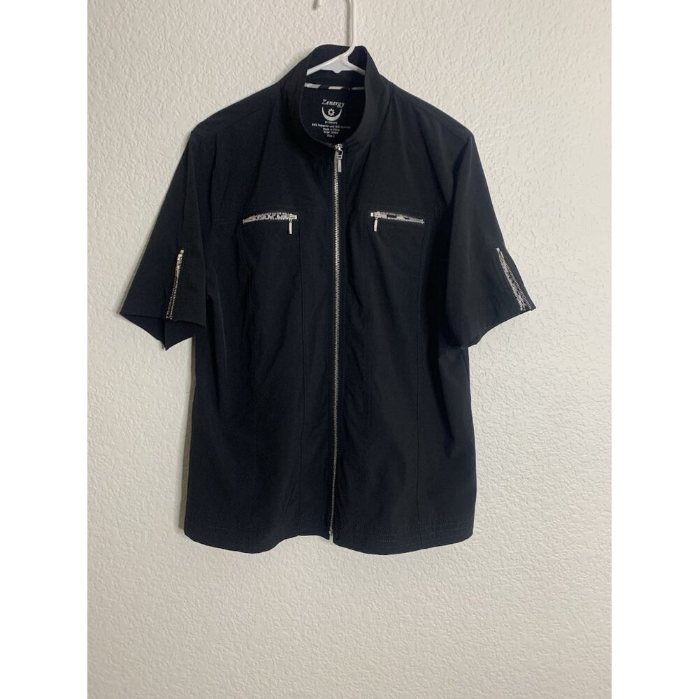 CHICO'S ZENERGY Black Gray Animal Lining Full Zip Golf Active Shirt Jacket SZ 2